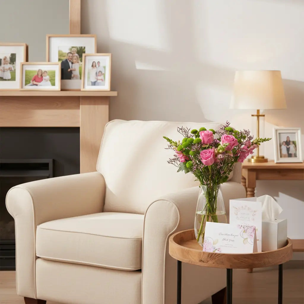 Pink flowers on side table beside armchair, mantelpiece with photos, lamp light, cards, tissues