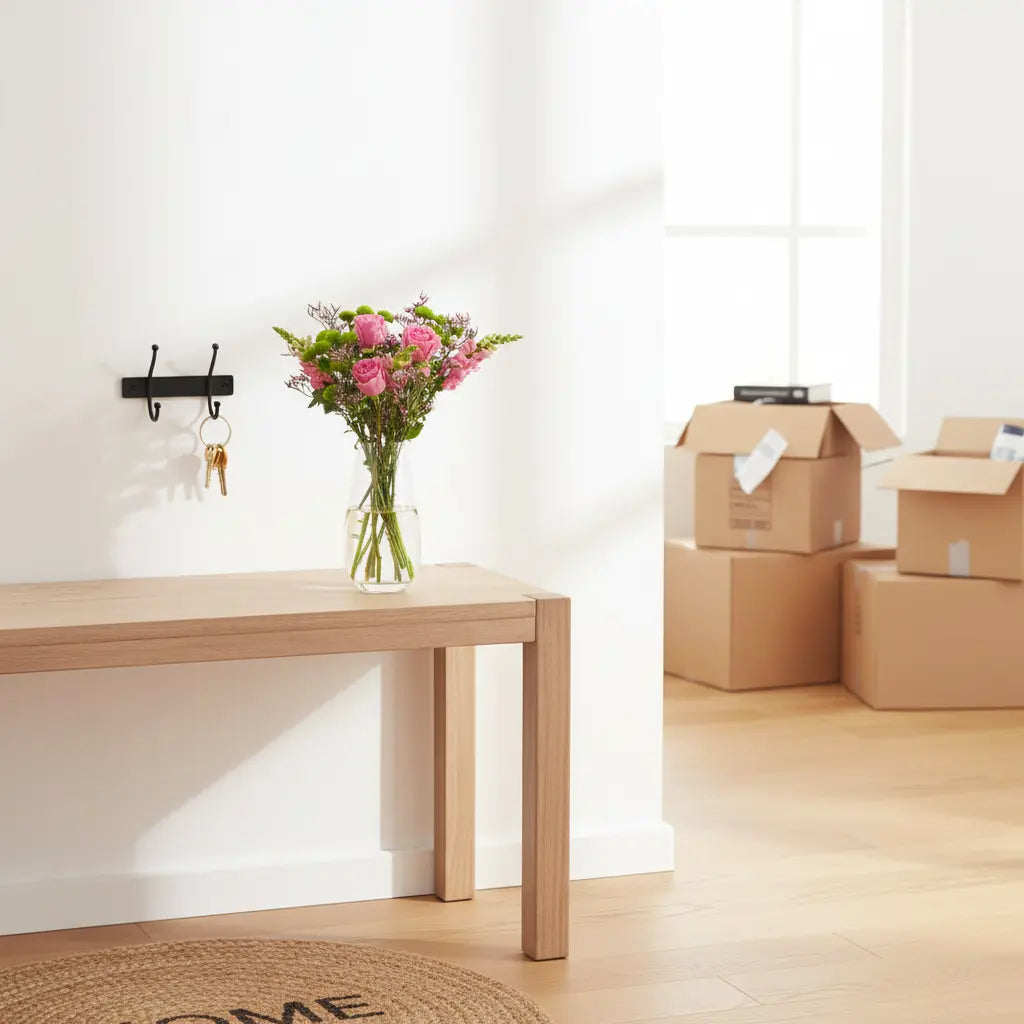 Pink flowers on entryway console, house keys on hook, moving boxes, welcome mat, bright daylight