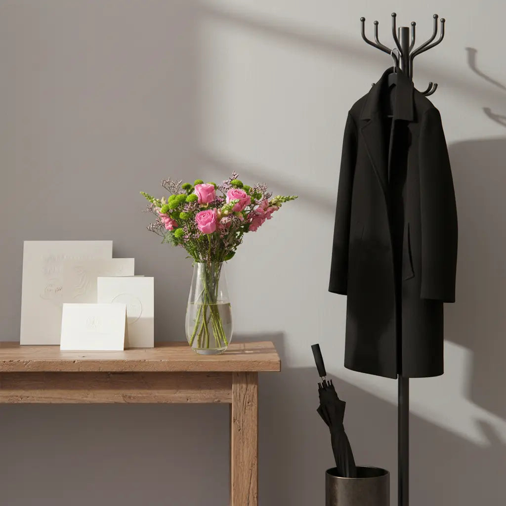 Pink flowers on entryway table, sympathy cards on wall, coat rack with black coat, umbrella, grey walls"