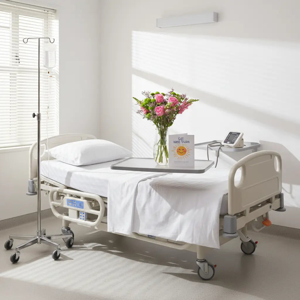 Pink flowers on hospital rolling table, IV stand, monitor, white bed with rails, window with blinds