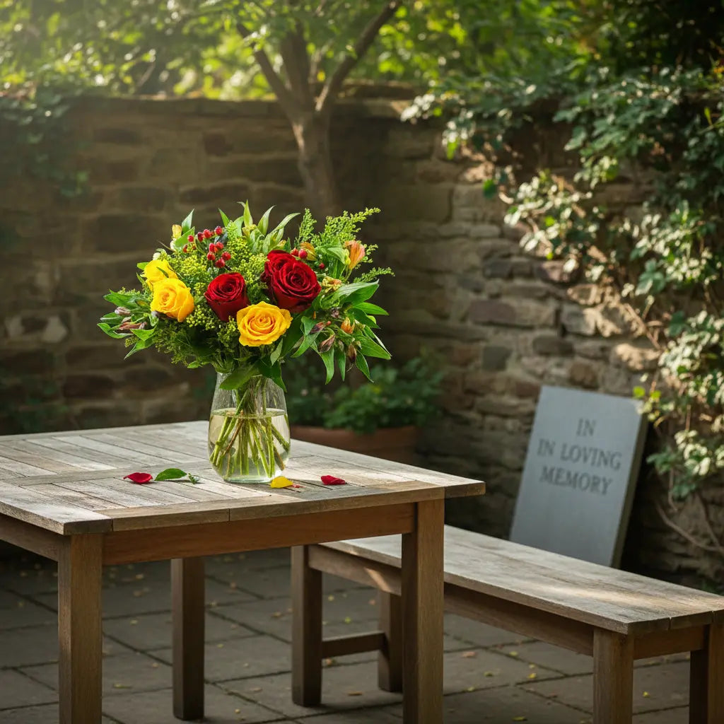 Red yellow flowers on garden bench, stone wall, climbing ivy, weathered wood, trees, afternoon light