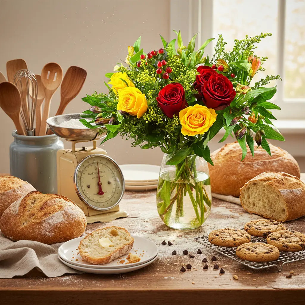Red yellow flowers on kitchen island, baked bread, cookies on rack, flour, vintage scale, wooden spoons