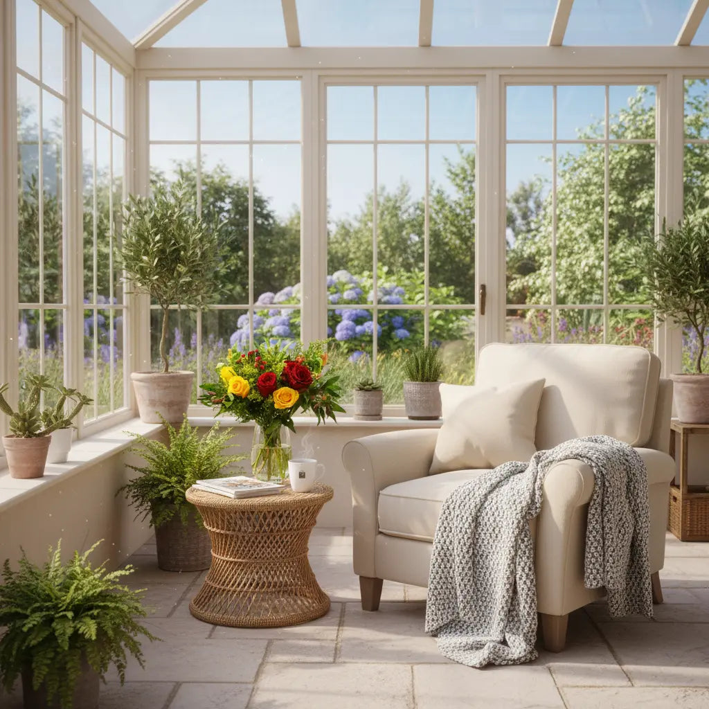 Red yellow flowers on wicker table in sunroom, large windows, garden view, potted plants, chair, tea