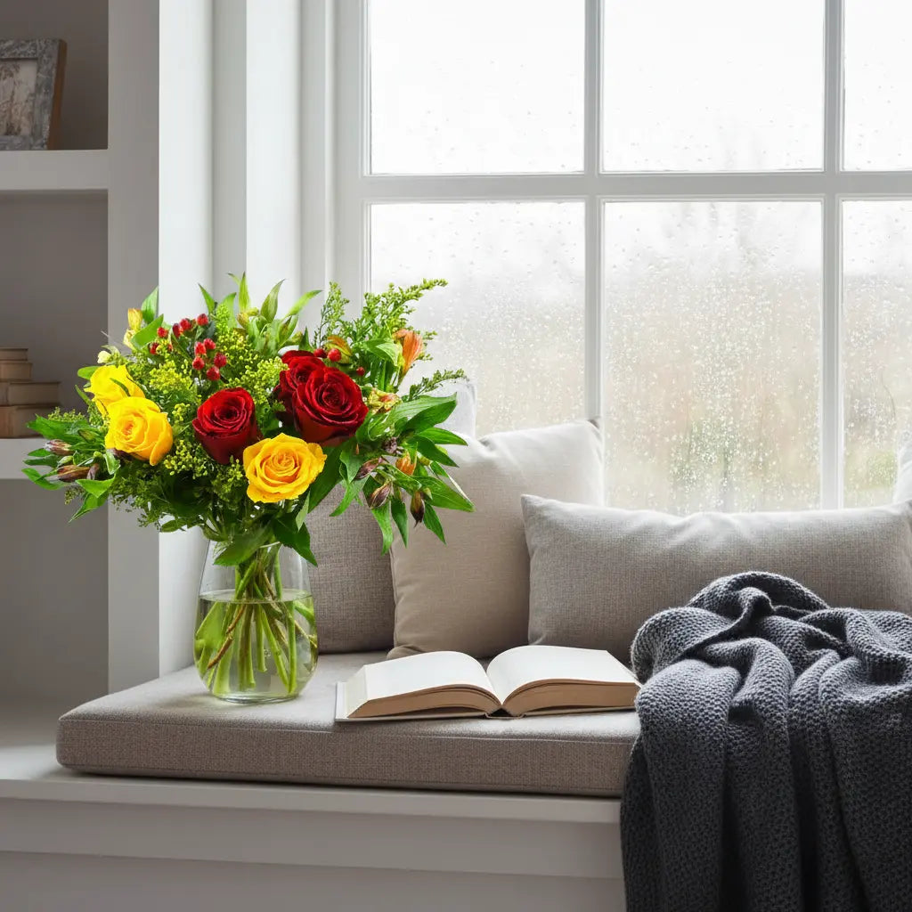 Red yellow flowers on window seat shelf, rain drops on window, cushions, open book, warm blanket