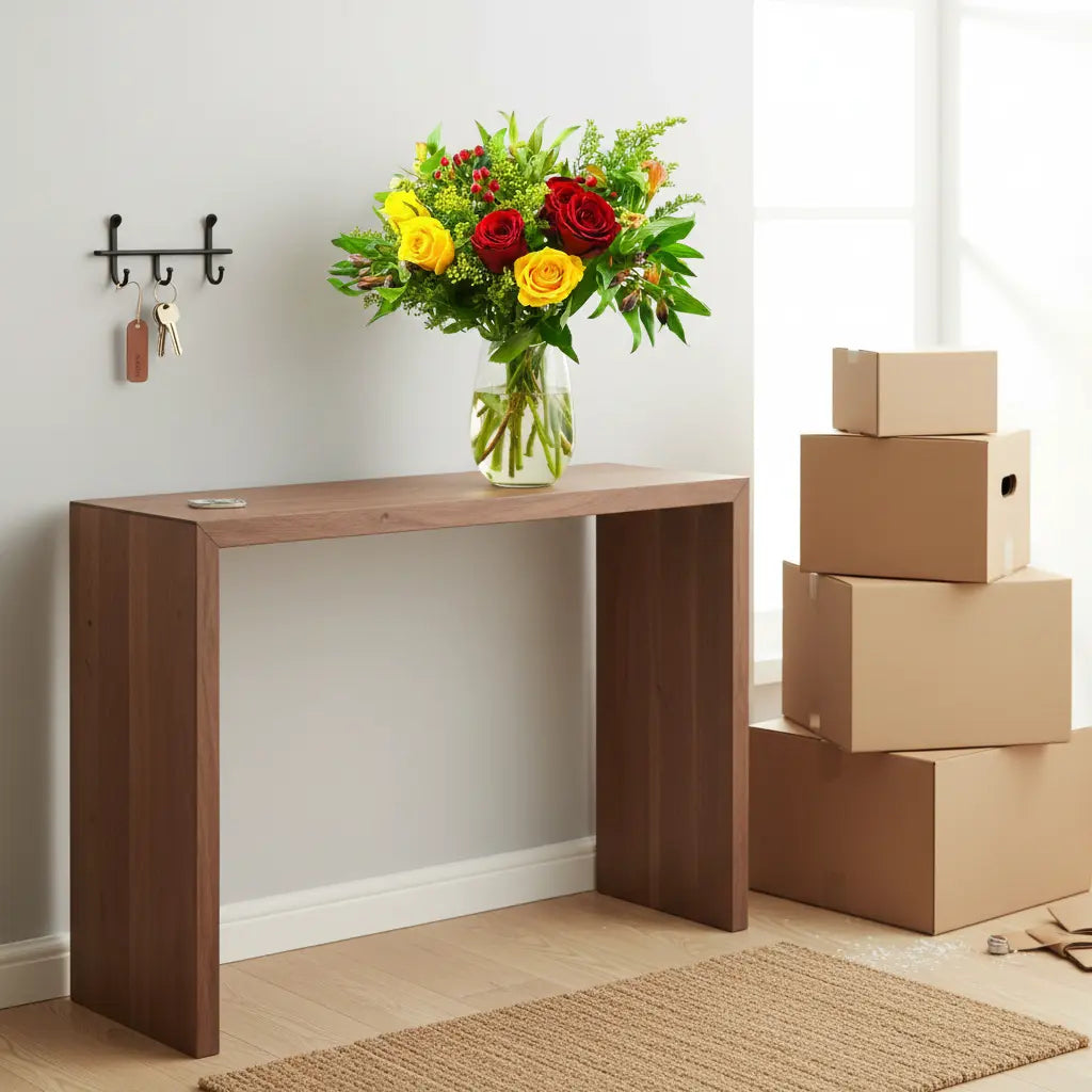 Wooden console table with a vase of flowers and cardboard boxes in a room.