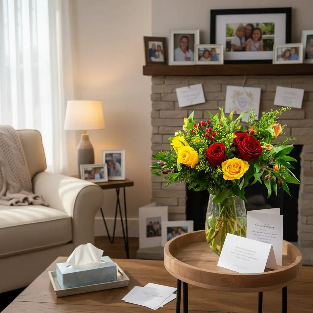 Living room with a vase of flowers on a table, surrounded by family photos and decor.