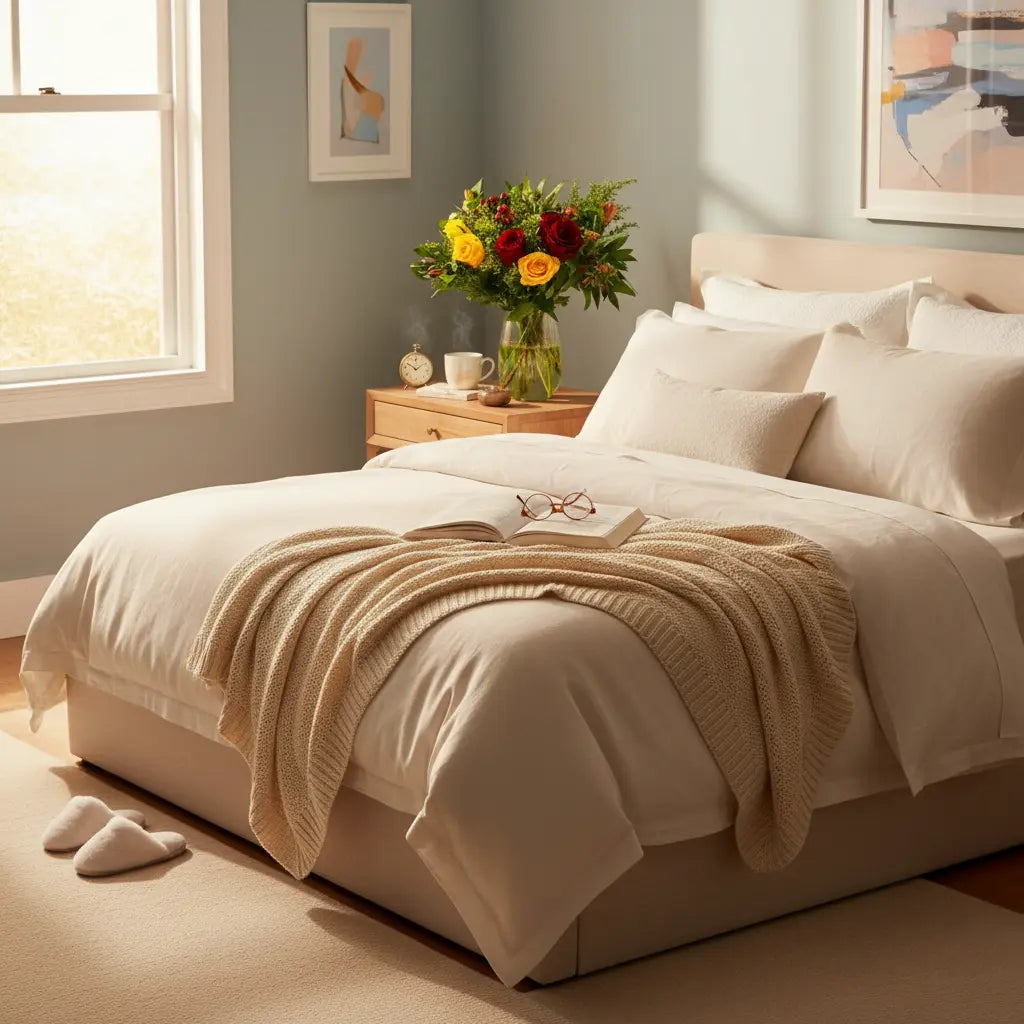 Neatly made bed with beige blanket and flowers on a side table in a bright bedroom.