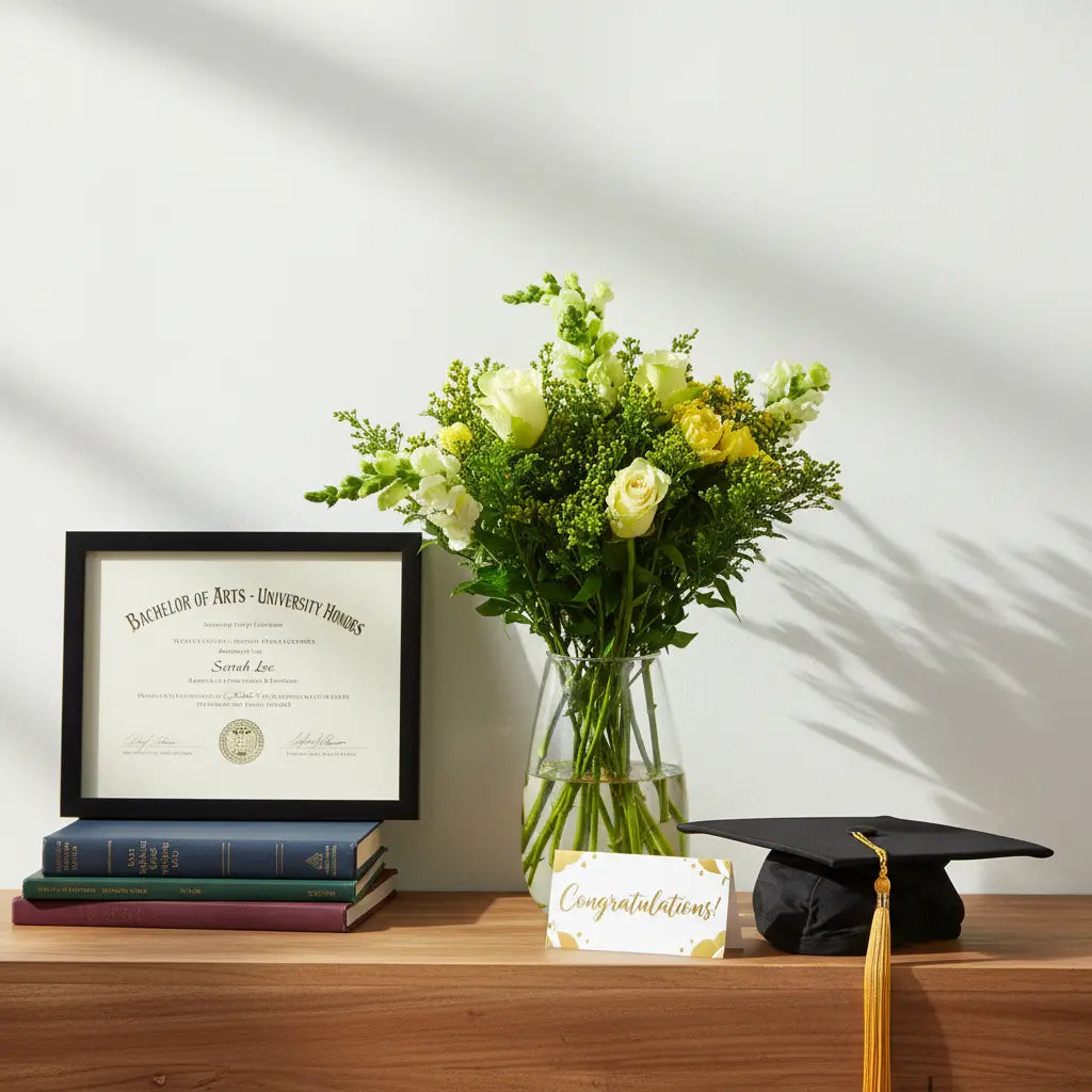 Graduation-themed items including a diploma, books, flowers, and a cap on a wooden surface.