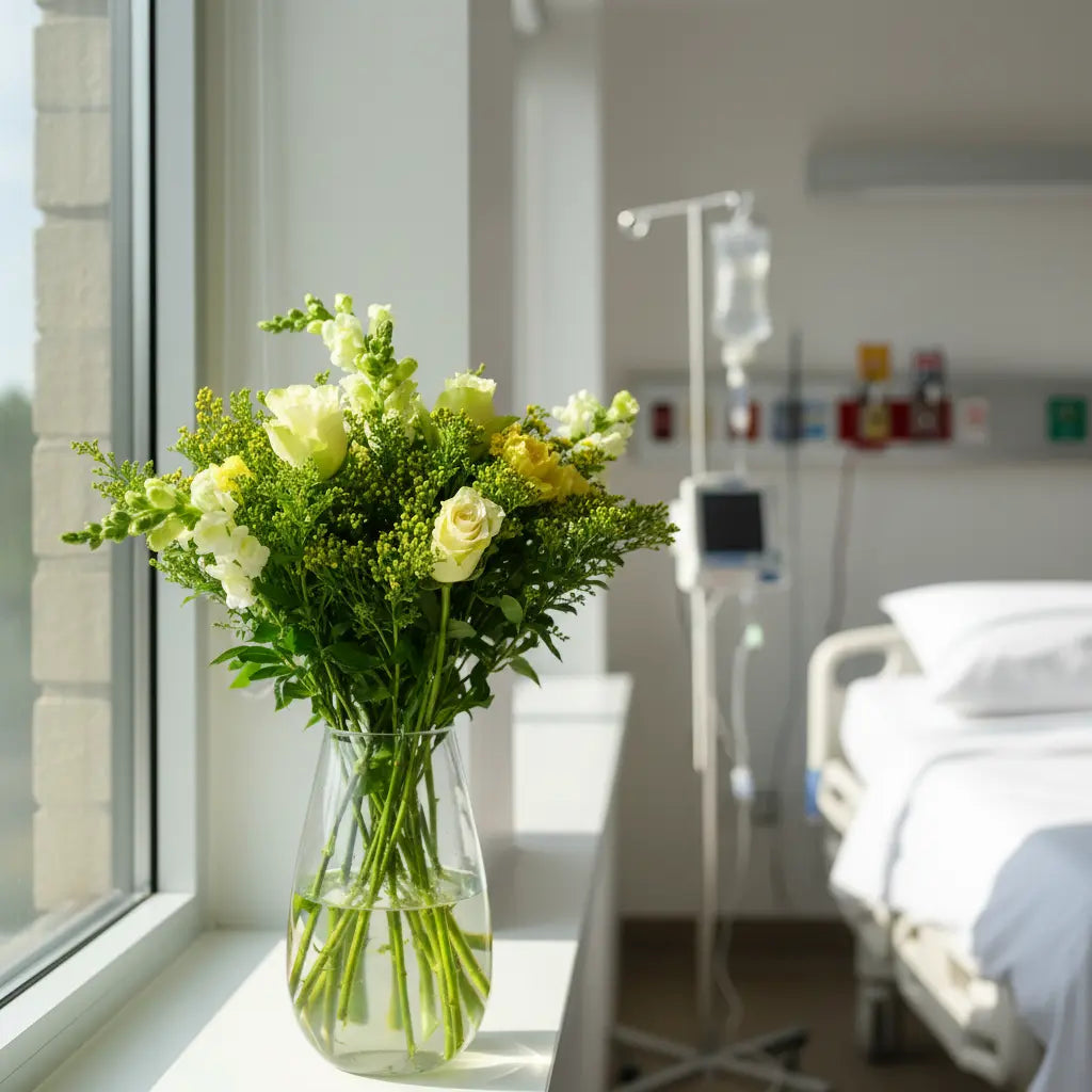 Bouquet of flowers in a vase on a windowsill in a hospital room.