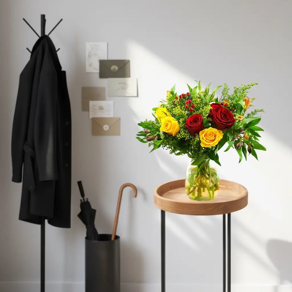 Bouquet of flowers on a small table next to a coat rack with a black coat and umbrella.