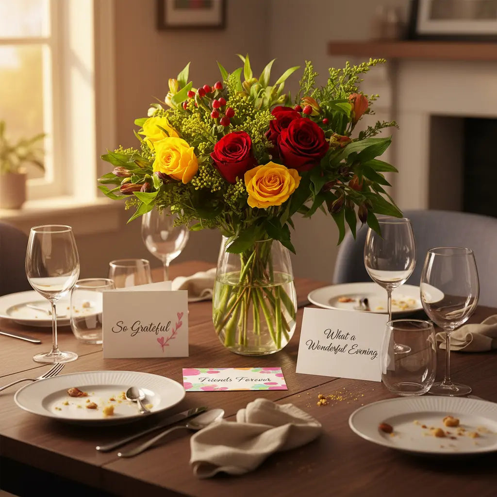 Dinner table setting with a vase of flowers and place cards in a cozy room.